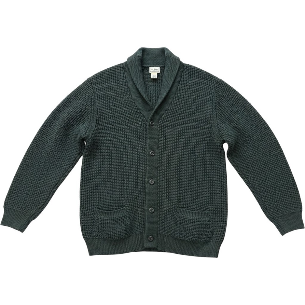 LL Bean Cardigan Mens XL Green Shawl Collar Waffle Knit Organic Cotton Chunky
